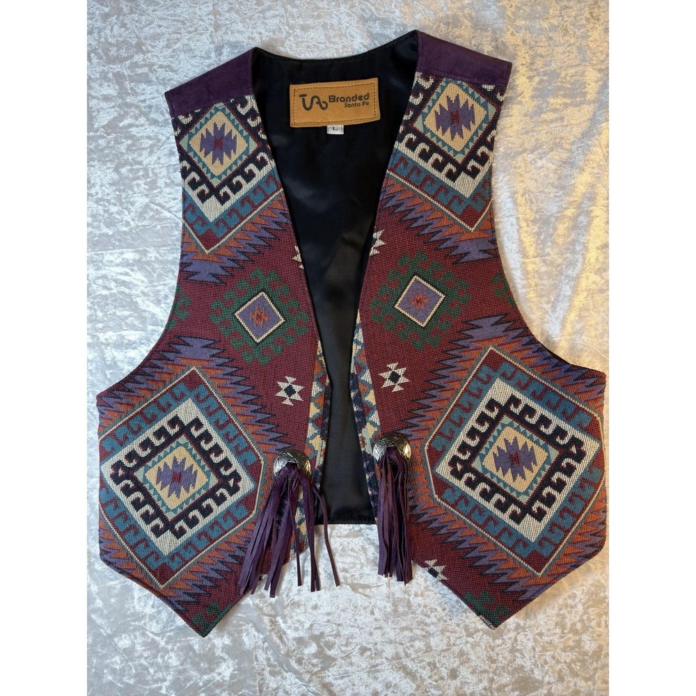Vintage Branded Santa Fe Southwestern Tapestry Suede Leather Open Front Vest L